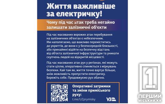 «Життя важливіше за електричку»: пасажирам Дніпропетровщини нагадали правила безпеки на залізниці під час тривог